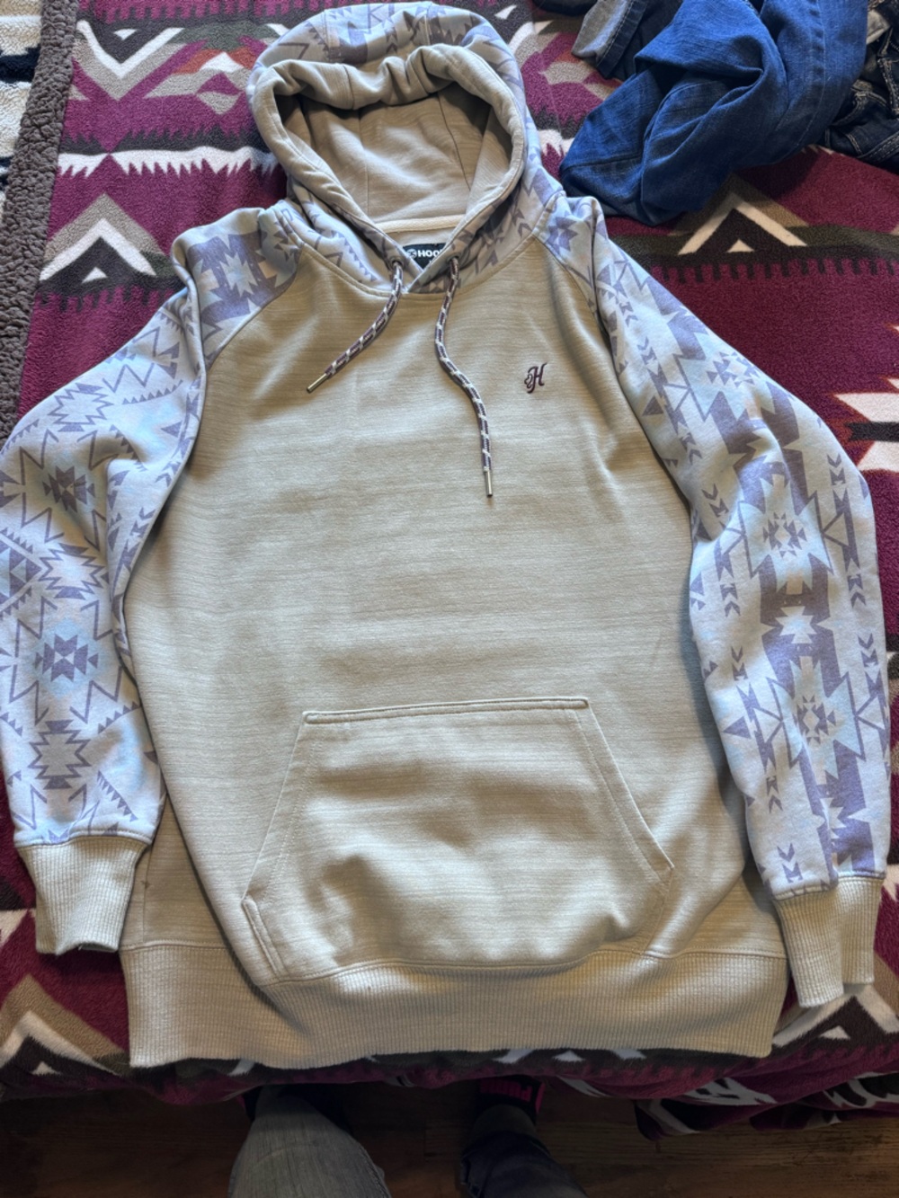 Hooey Beige Hooded Zip-Up Style Sweater with Patterned Sleeves